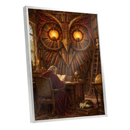 The Lamplit Owl Library, brown, gold, red abstract wall art shown as a silver framed poster wall art print