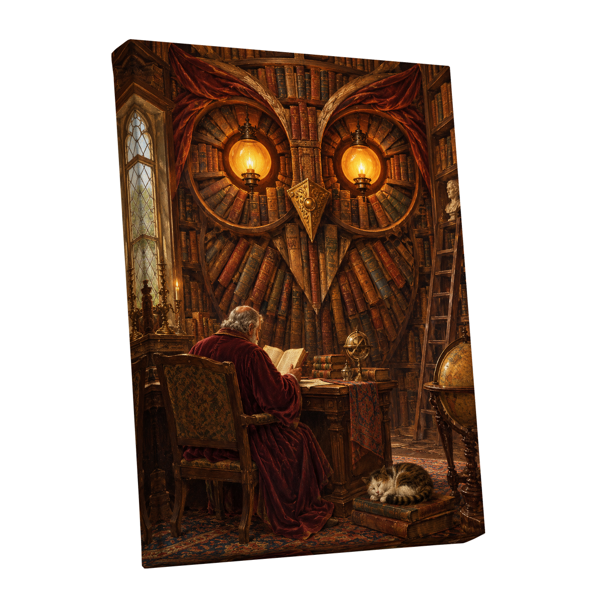 The Lamplit Owl Library, brown, gold, red abstract wall art shown as a stretched canvas wall art