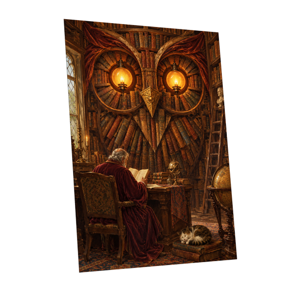The Lamplit Owl Library, brown, gold, red abstract wall art shown as a unframed poster wall art print