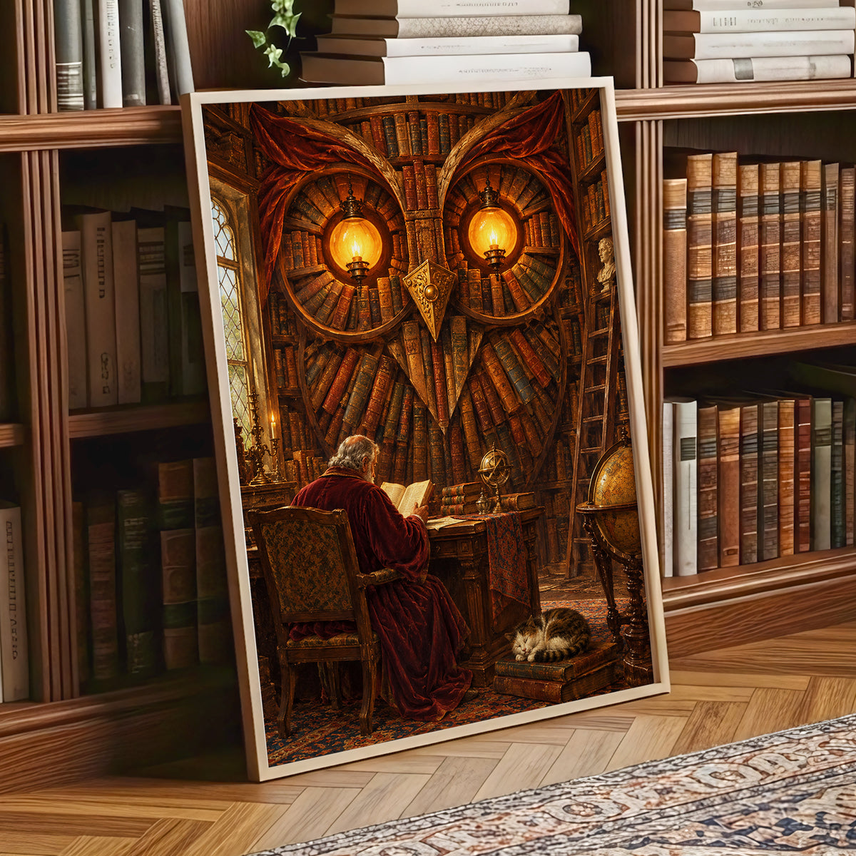 The Lamplit Owl Library, brown, gold, red abstract wall art displayed in a styled interior, gallery view 1