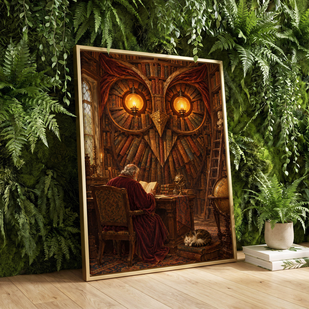 The Lamplit Owl Library, brown, gold, red abstract wall art displayed in a styled interior, gallery view 2