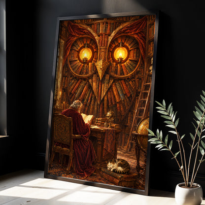 The Lamplit Owl Library, brown, gold, red abstract wall art displayed in a styled interior, gallery view 3