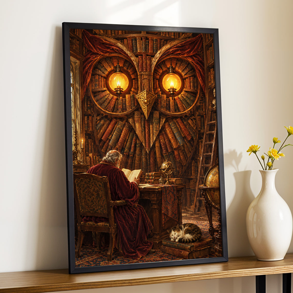 The Lamplit Owl Library, brown, gold, red abstract wall art displayed in a styled interior, gallery view 4