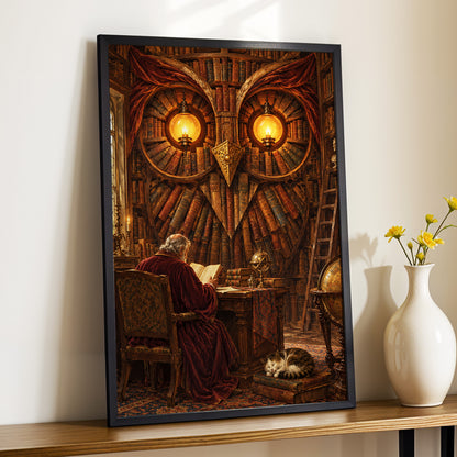 The Lamplit Owl Library, brown, gold, red abstract wall art displayed in a styled interior, gallery view 4