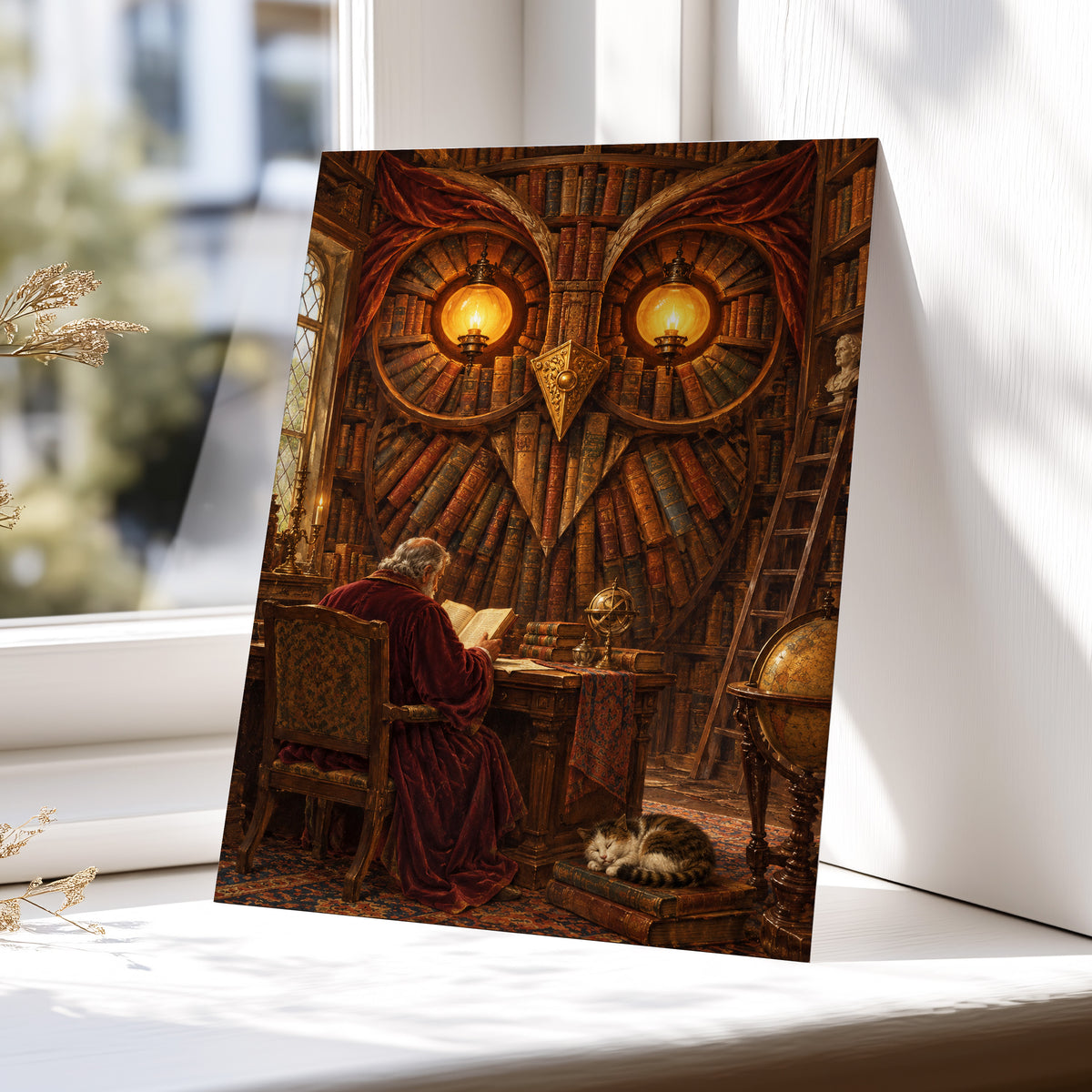 The Lamplit Owl Library, brown, gold, red abstract wall art displayed in a styled interior, gallery view 5
