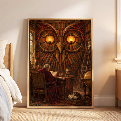 The Lamplit Owl Library, brown, gold, red abstract wall art displayed in a styled interior, gallery view 6