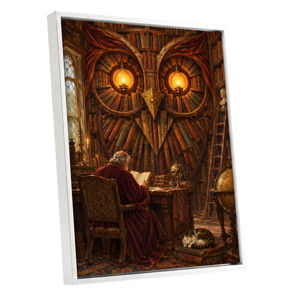The Lamplit Owl Library, brown, gold, red abstract wall art shown as a white framed canvas wall art