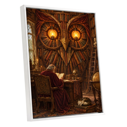The Lamplit Owl Library, brown, gold, red abstract wall art shown as a white framed canvas wall art