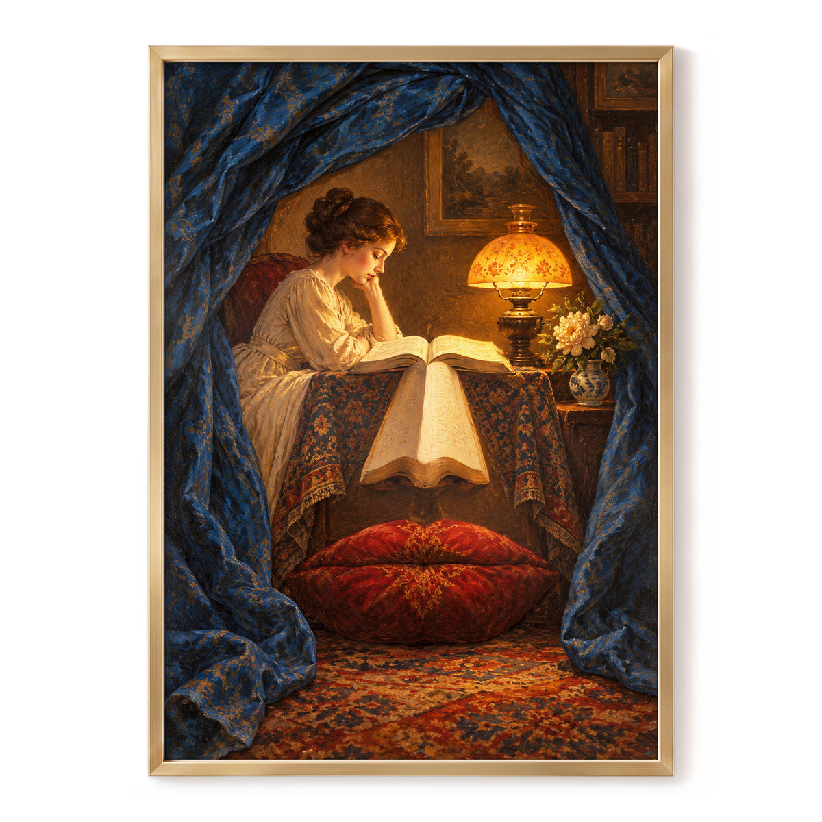 The Lamplit Reading Room, blue, gold, red abstract wall art, front artwork view