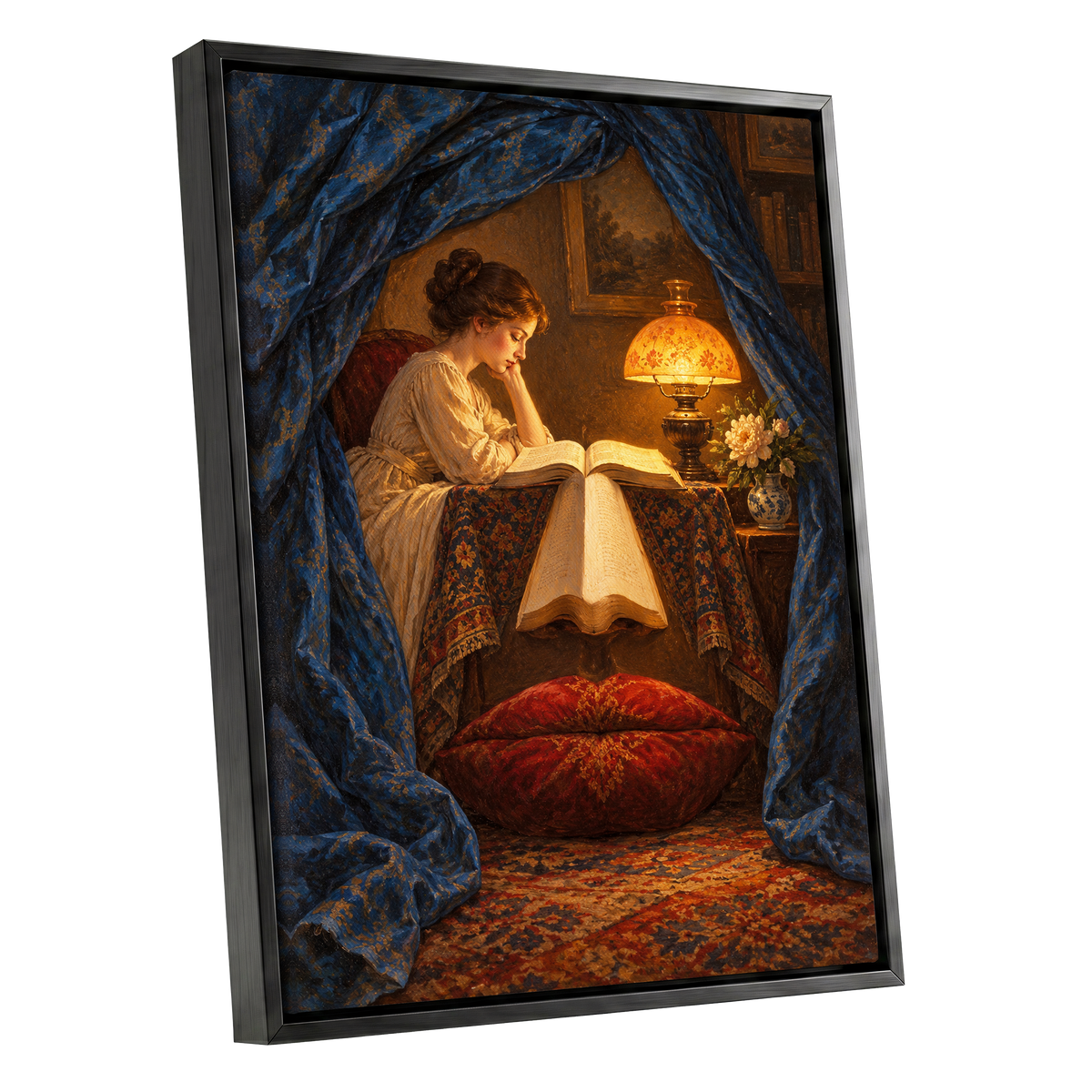 The Lamplit Reading Room, blue, gold, red abstract wall art shown as a black framed canvas wall art