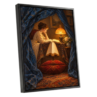 The Lamplit Reading Room, blue, gold, red abstract wall art shown as a black framed canvas wall art