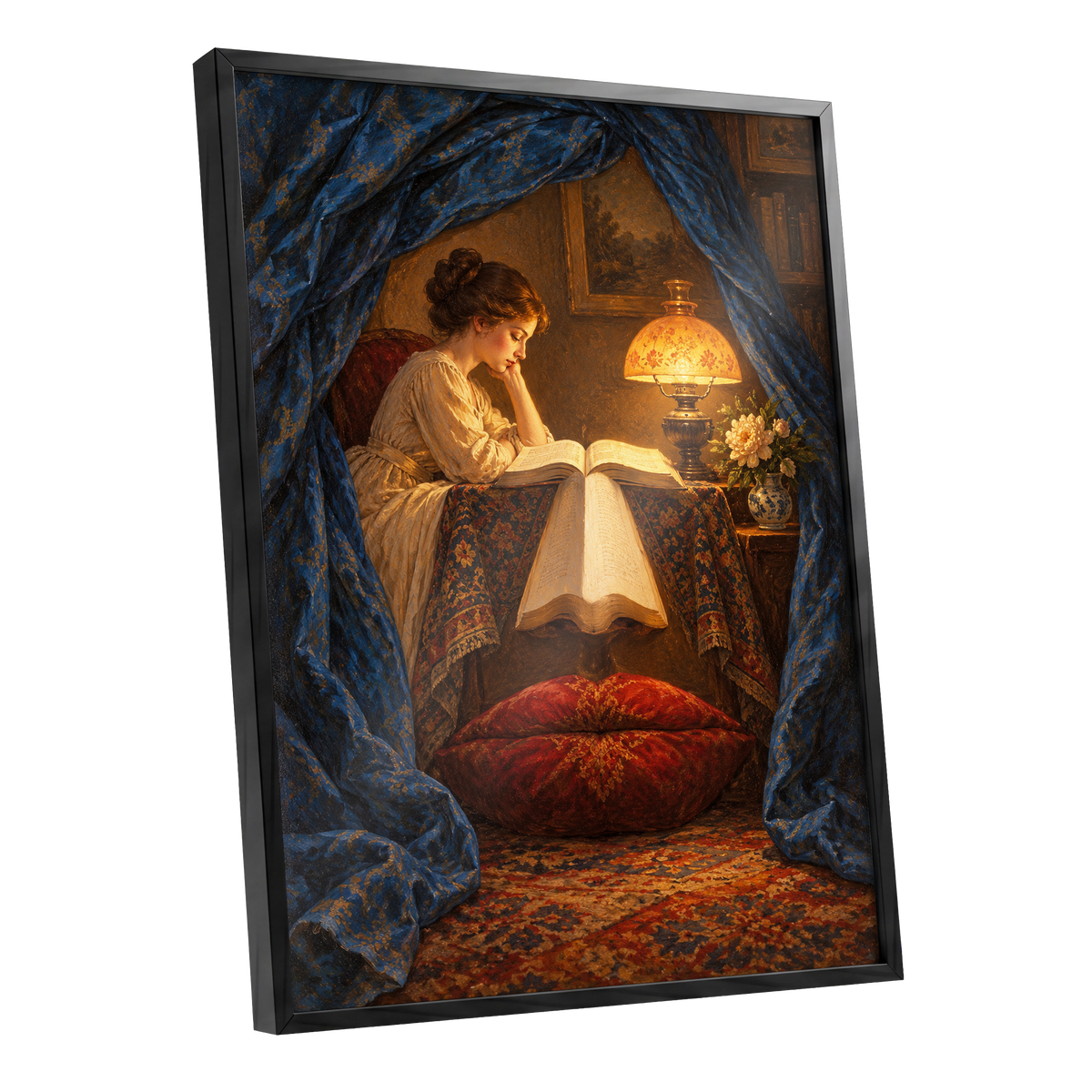 The Lamplit Reading Room, blue, gold, red abstract wall art shown as a black framed poster wall art print