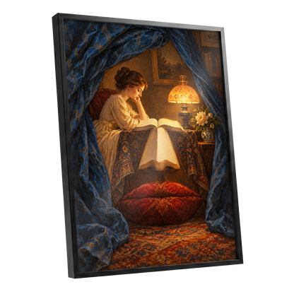 The Lamplit Reading Room, blue, gold, red abstract wall art shown as a black framed poster wall art print