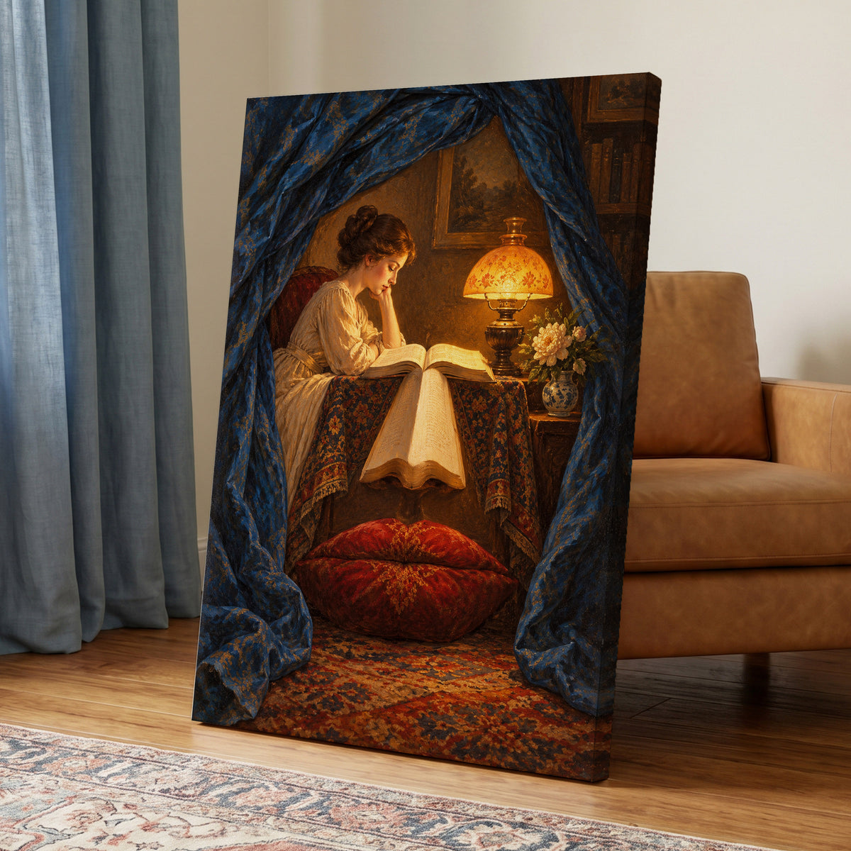 The Lamplit Reading Room, blue, gold, red abstract wall art on canvas displayed in a styled interior, gallery view 1