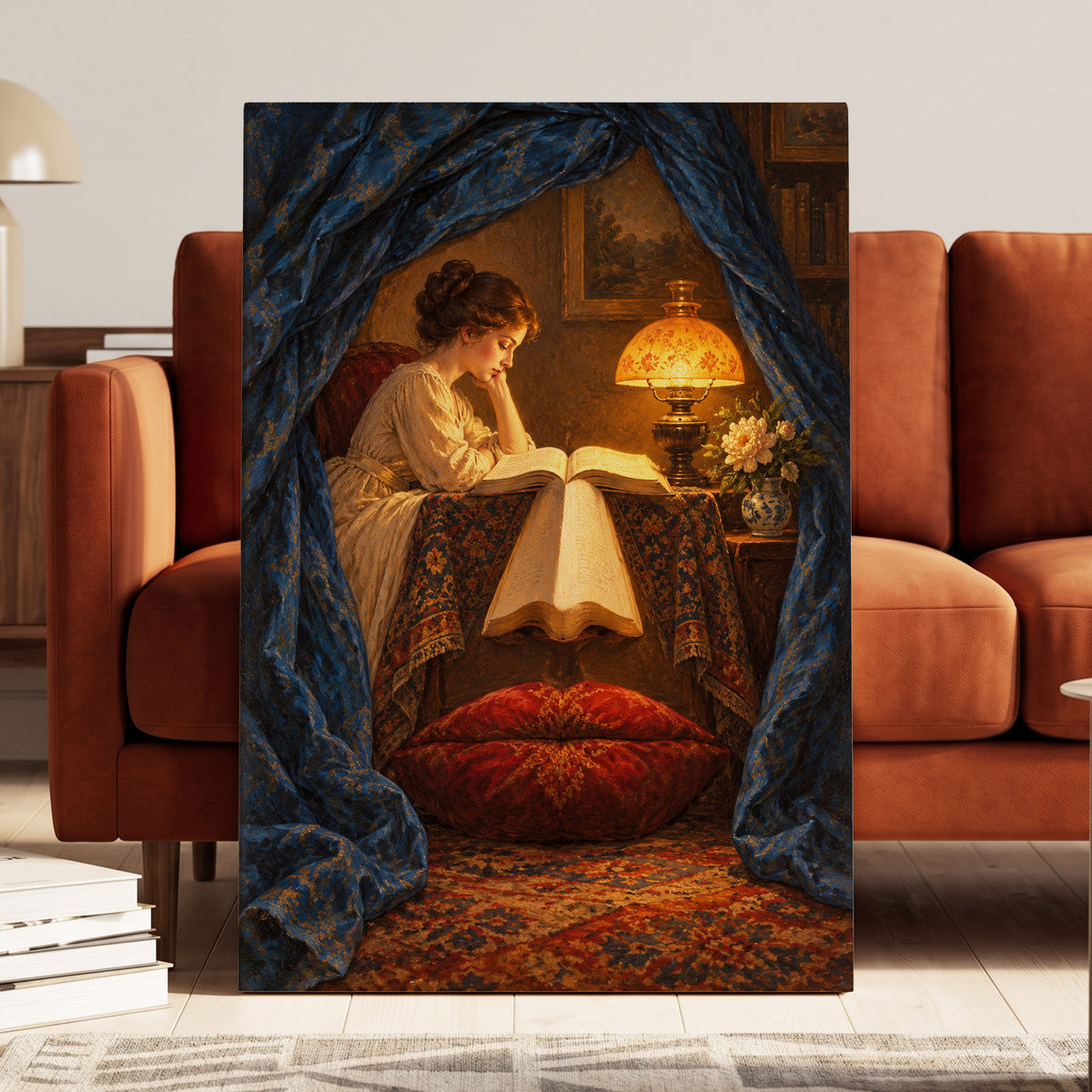 The Lamplit Reading Room, blue, gold, red abstract wall art on canvas displayed in a styled interior, gallery view 2