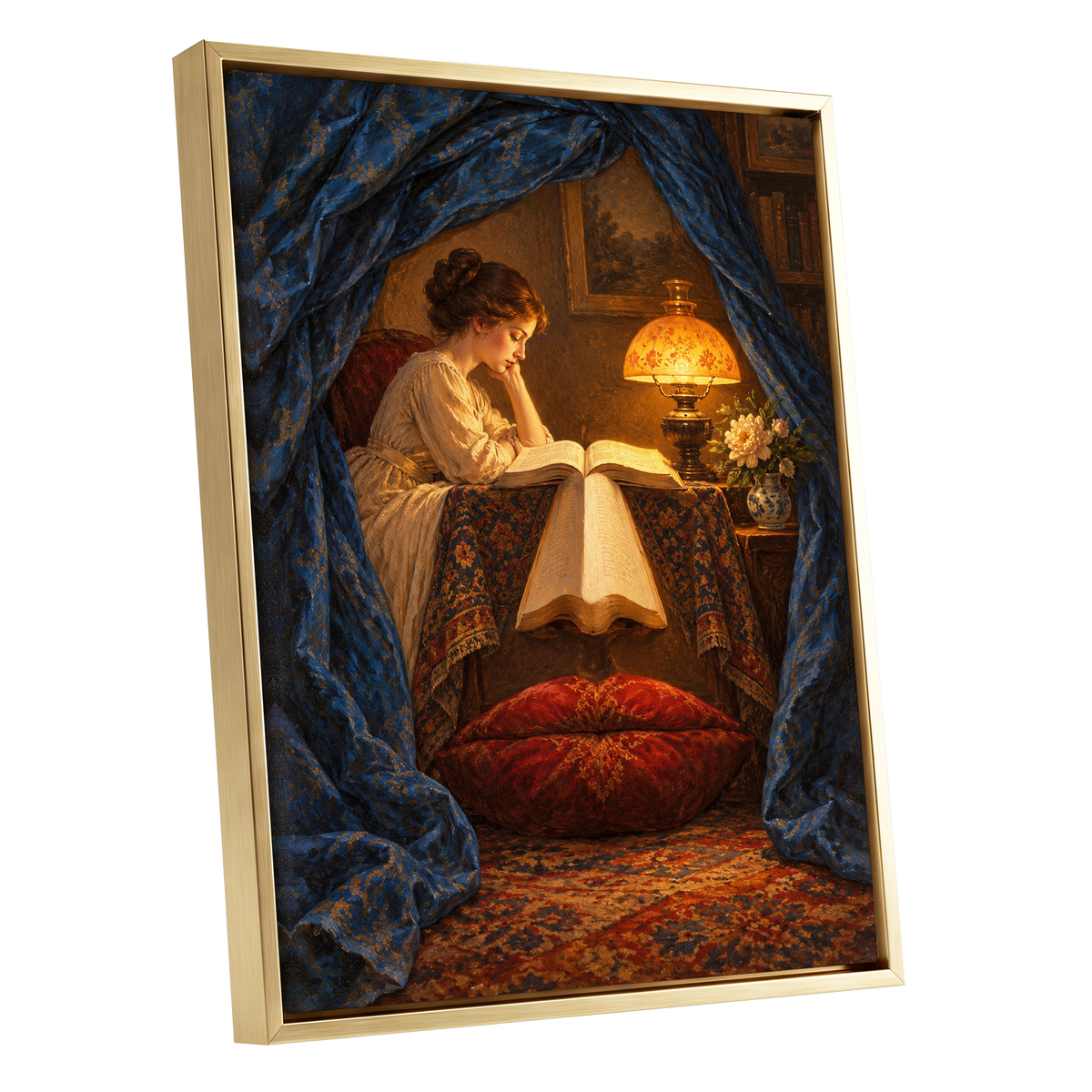 The Lamplit Reading Room, blue, gold, red abstract wall art shown as a gold framed canvas wall art
