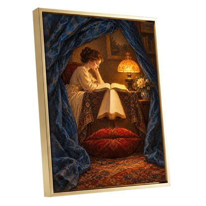 The Lamplit Reading Room, blue, gold, red abstract wall art shown as a gold framed canvas wall art