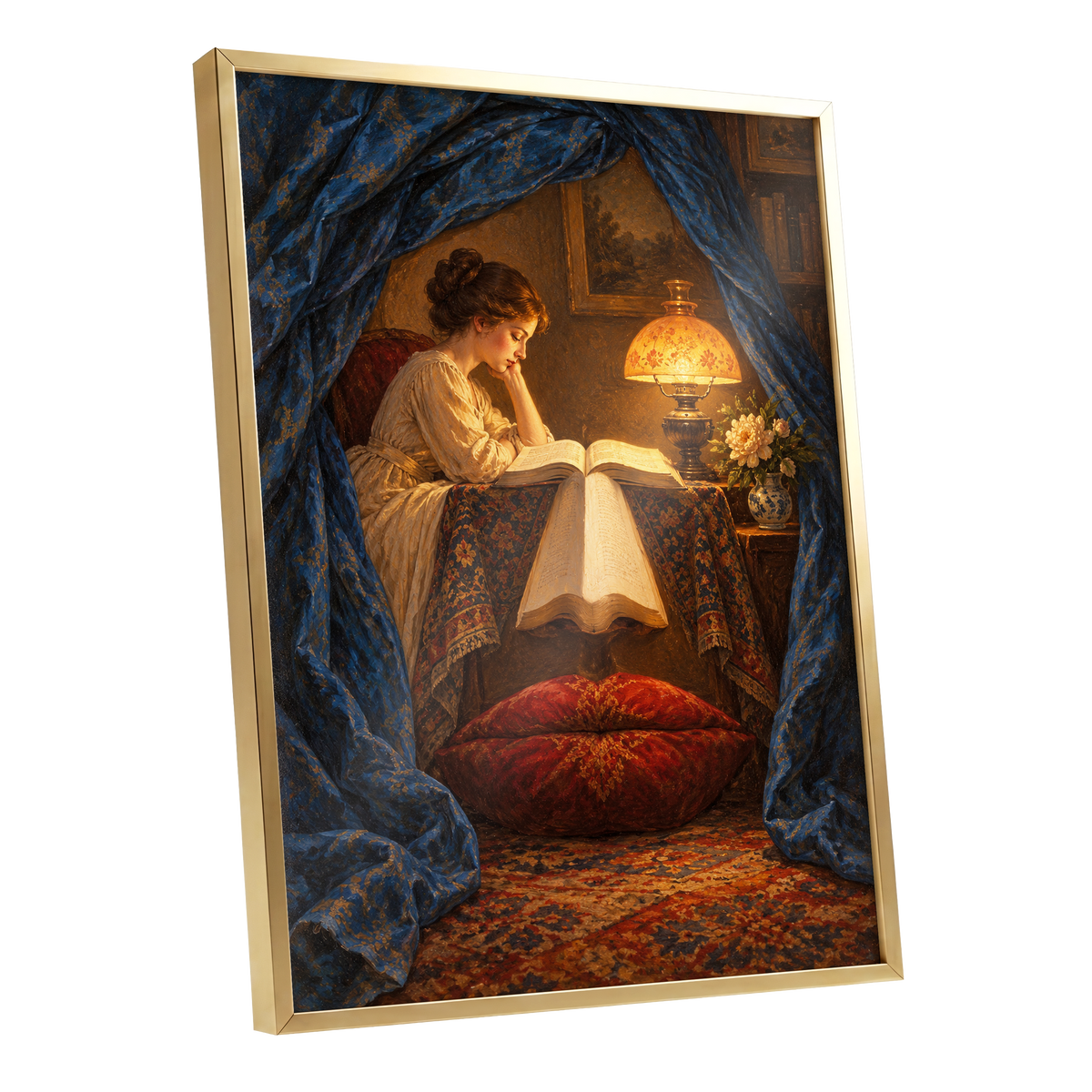 The Lamplit Reading Room, blue, gold, red abstract wall art shown as a gold framed poster wall art print