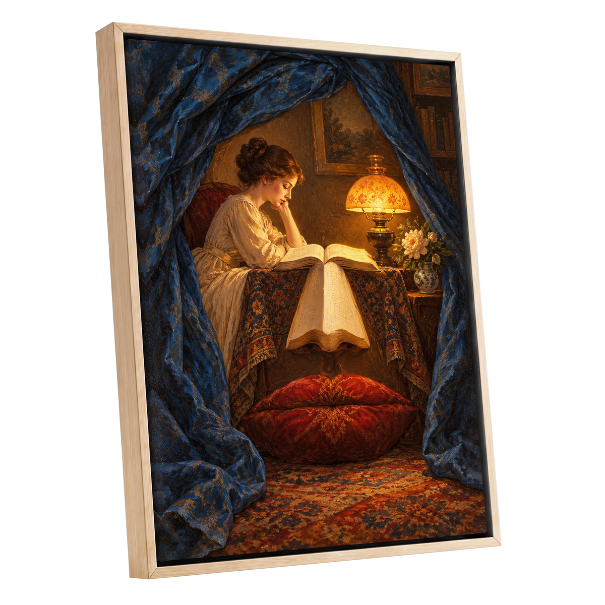 The Lamplit Reading Room, blue, gold, red abstract wall art shown as a oak framed canvas wall art