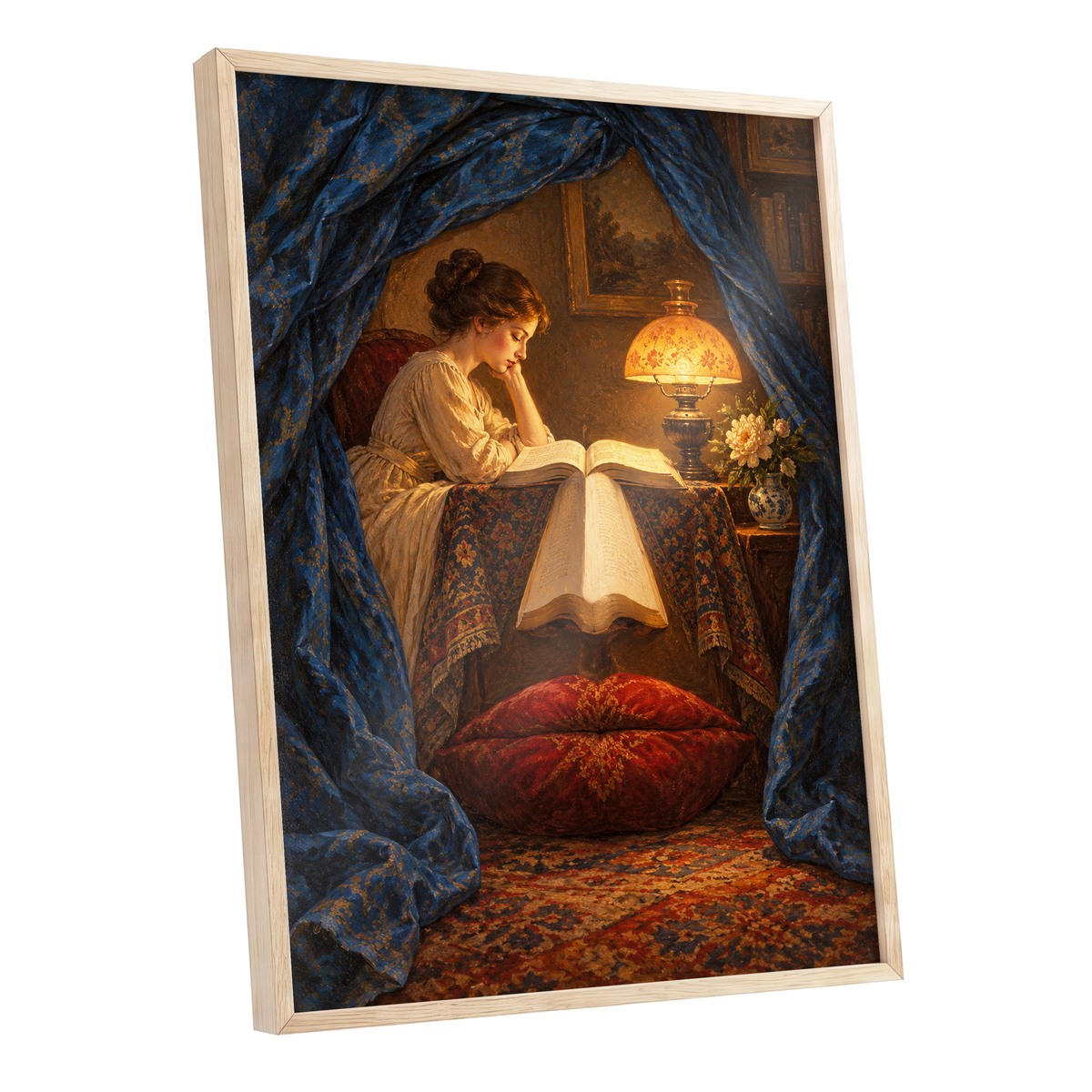 The Lamplit Reading Room, blue, gold, red abstract wall art shown as a oak framed poster wall art print