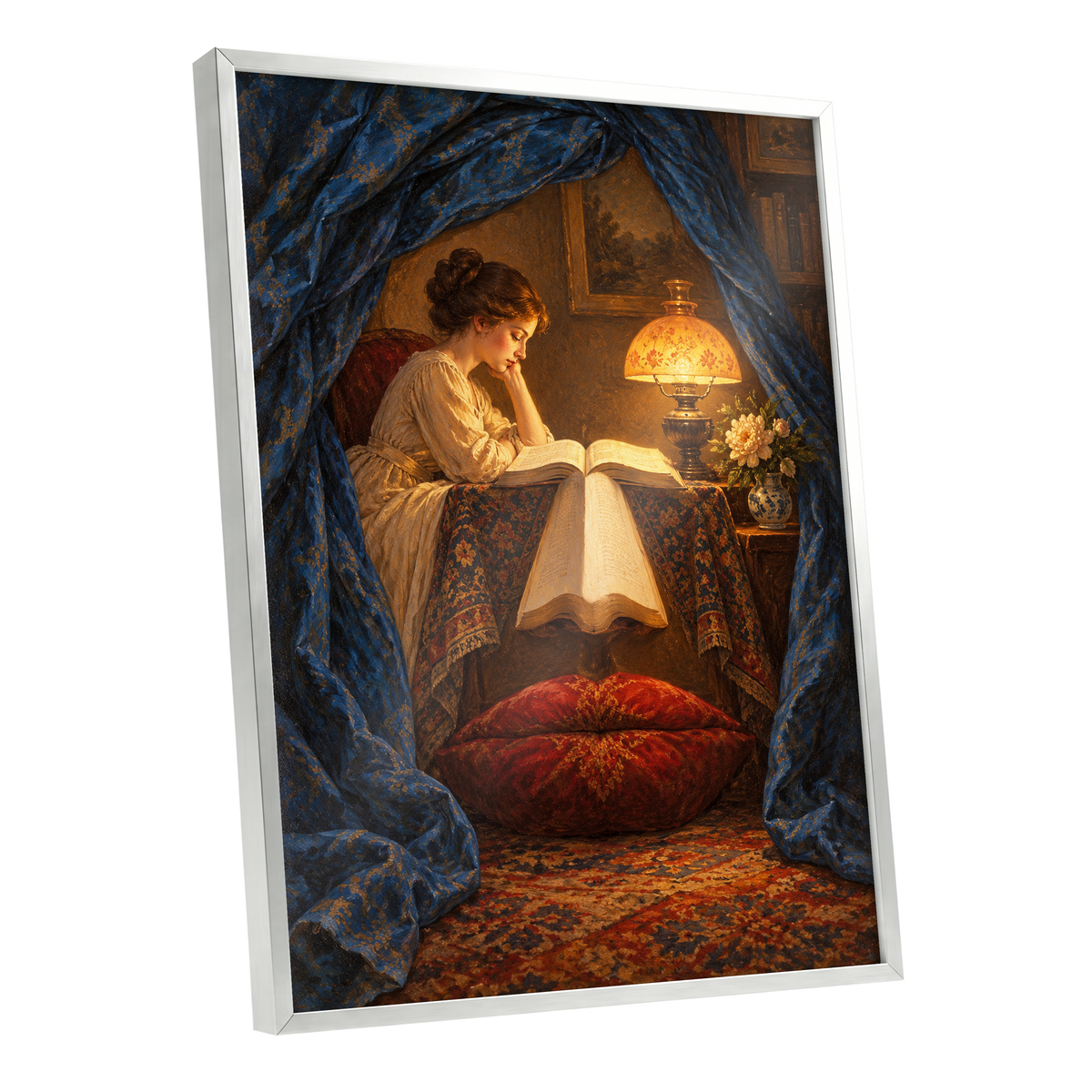 The Lamplit Reading Room, blue, gold, red abstract wall art shown as a silver framed poster wall art print