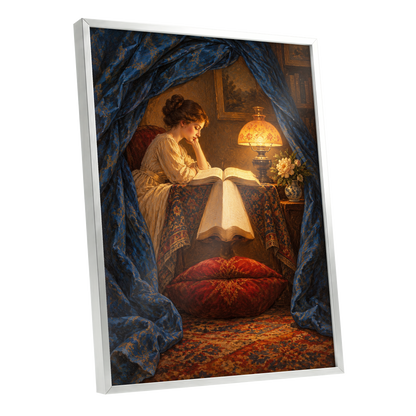 The Lamplit Reading Room, blue, gold, red abstract wall art shown as a silver framed poster wall art print