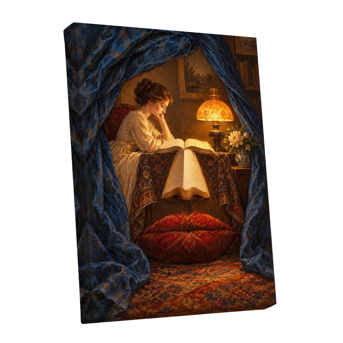 The Lamplit Reading Room, blue, gold, red abstract wall art shown as a stretched canvas wall art