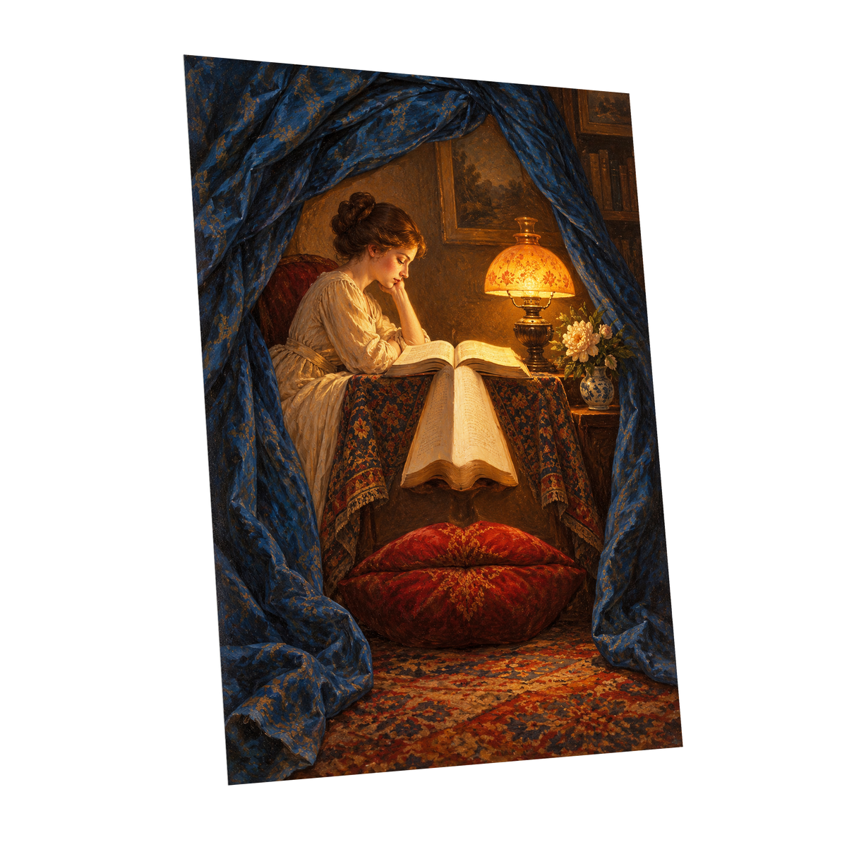 The Lamplit Reading Room, blue, gold, red abstract wall art shown as a unframed poster wall art print