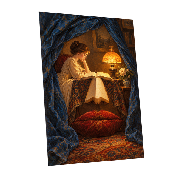The Lamplit Reading Room, blue, gold, red abstract wall art shown as a unframed poster wall art print