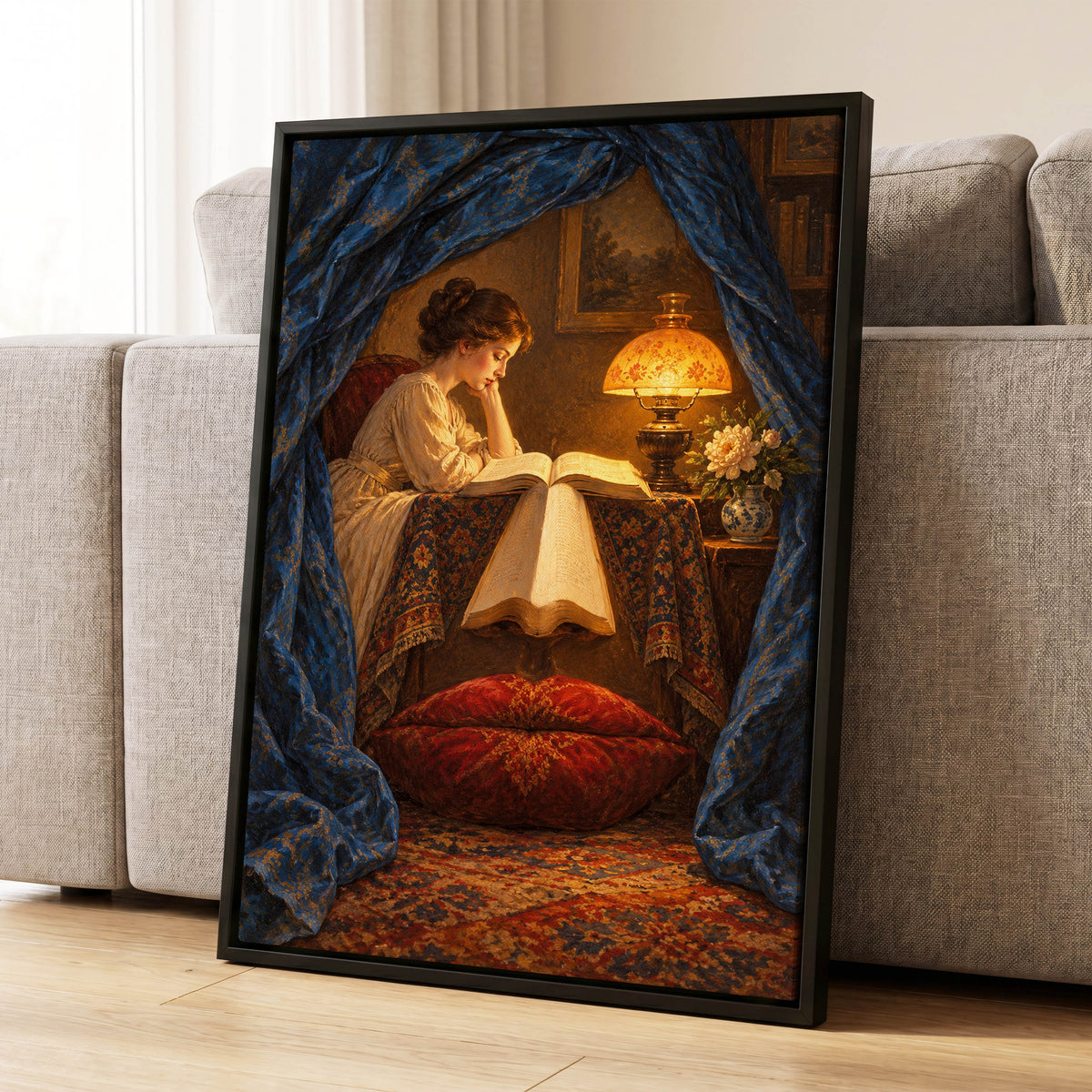 The Lamplit Reading Room, blue, gold, red abstract wall art displayed in a styled interior, gallery view 1