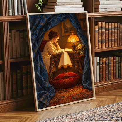 The Lamplit Reading Room, blue, gold, red abstract wall art displayed in a styled interior, gallery view 2