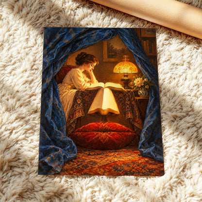 The Lamplit Reading Room, blue, gold, red abstract wall art displayed in a styled interior, gallery view 3