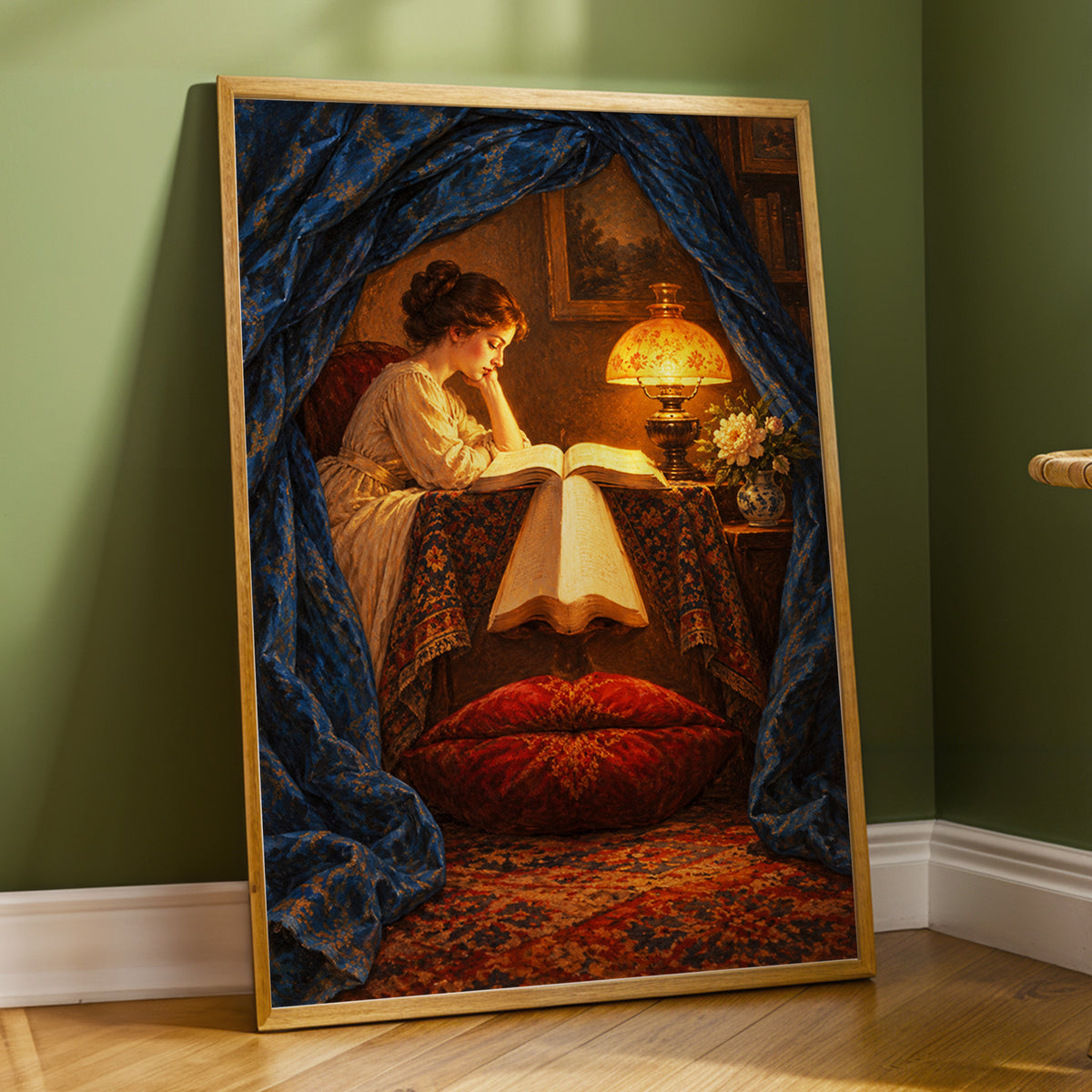 The Lamplit Reading Room, blue, gold, red abstract wall art displayed in a styled interior, gallery view 4