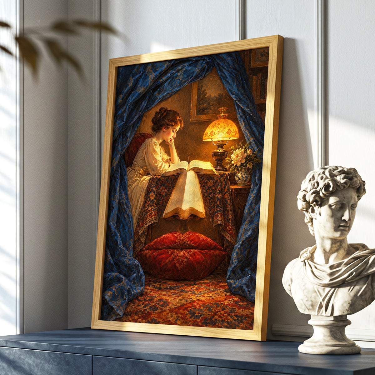 The Lamplit Reading Room, blue, gold, red abstract wall art displayed in a styled interior, gallery view 5