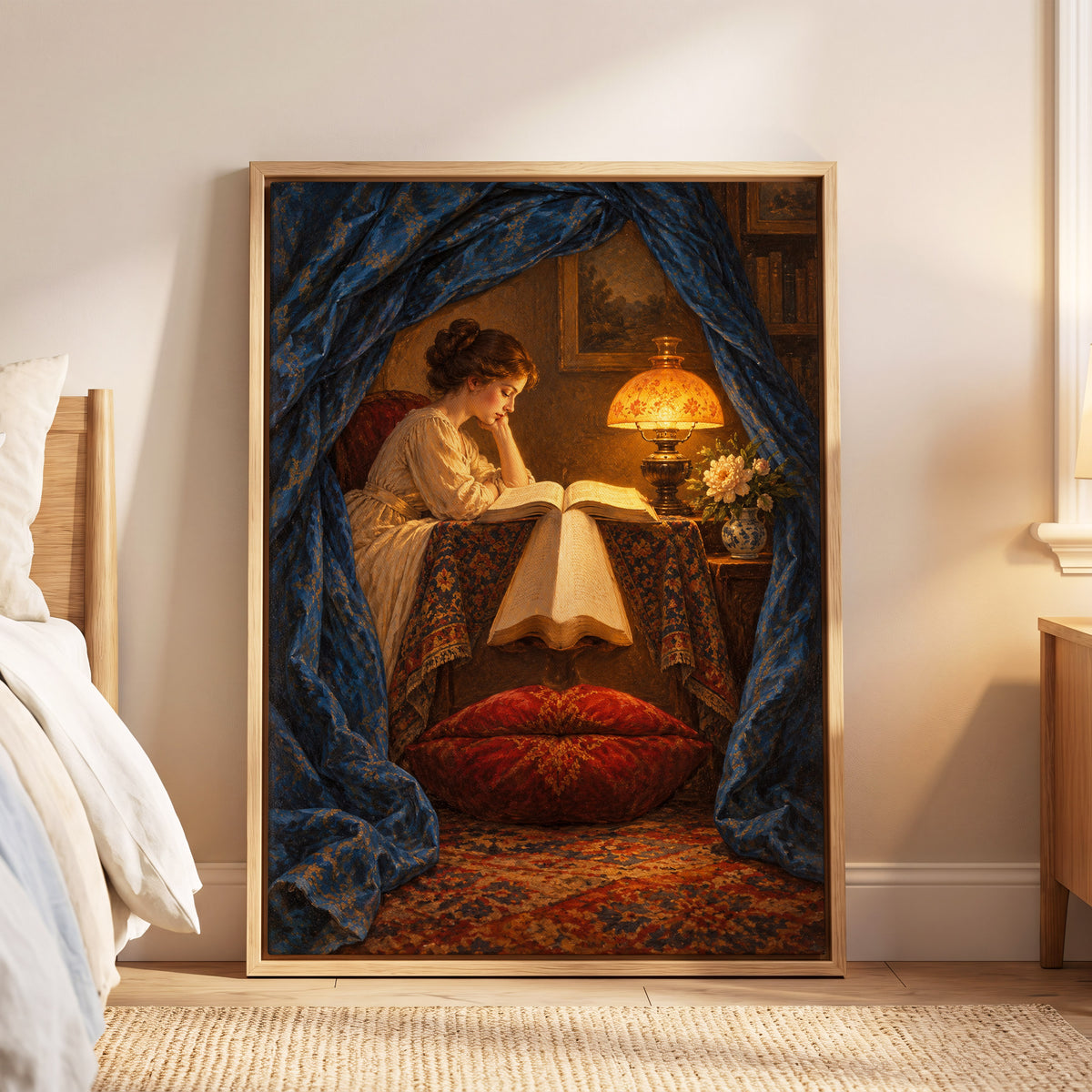 The Lamplit Reading Room, blue, gold, red abstract wall art displayed in a styled interior, gallery view 6