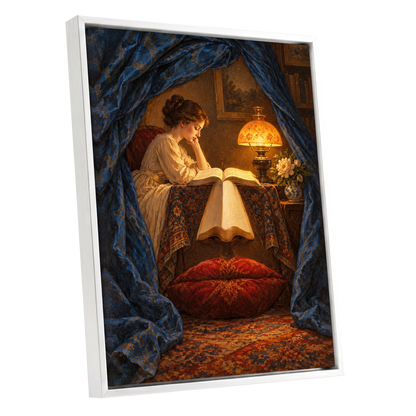 The Lamplit Reading Room, blue, gold, red abstract wall art shown as a white framed canvas wall art