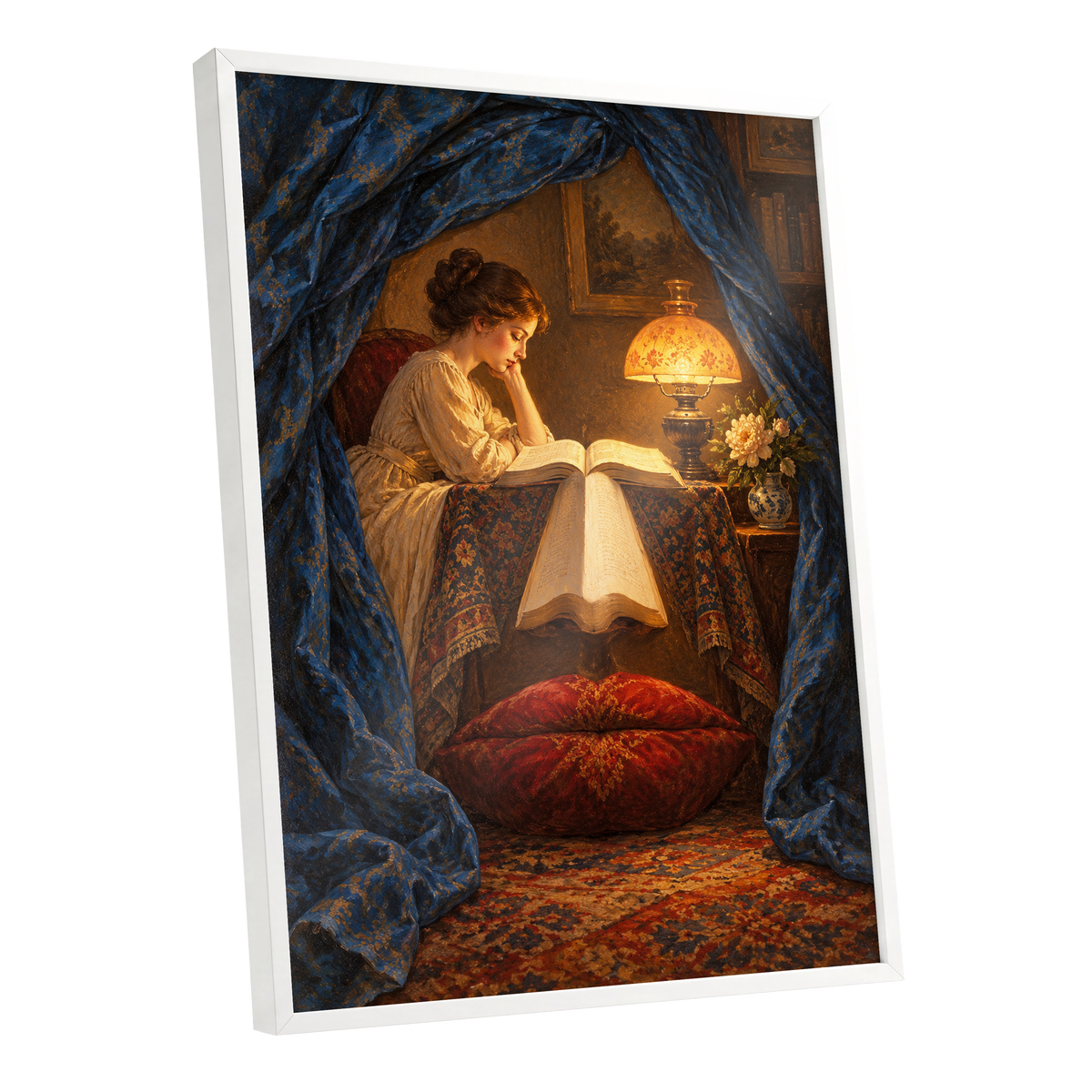 The Lamplit Reading Room, blue, gold, red abstract wall art shown as a white framed poster wall art print