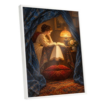 The Lamplit Reading Room, blue, gold, red abstract wall art shown as a white framed poster wall art print