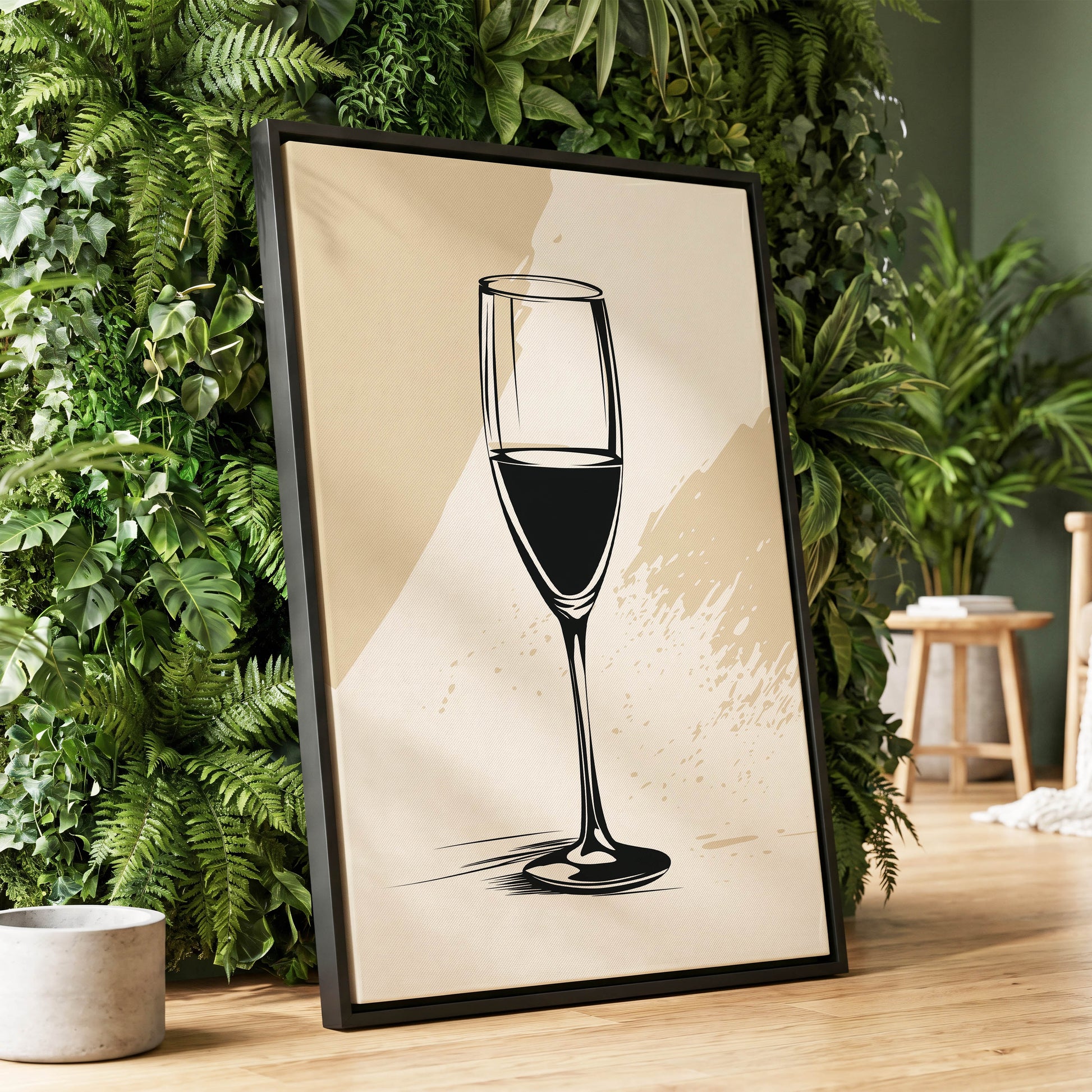 The Last Pour, black, beige, white minimalist wall art displayed in a styled interior, gallery view 1