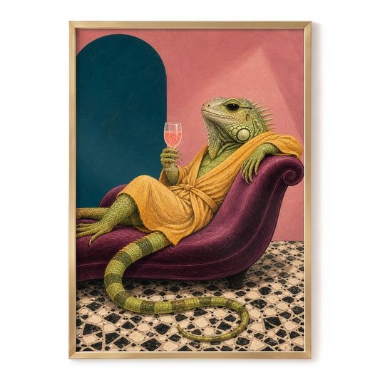 The Leisurely Iguana, green, gold, pink abstract wall art, front artwork view