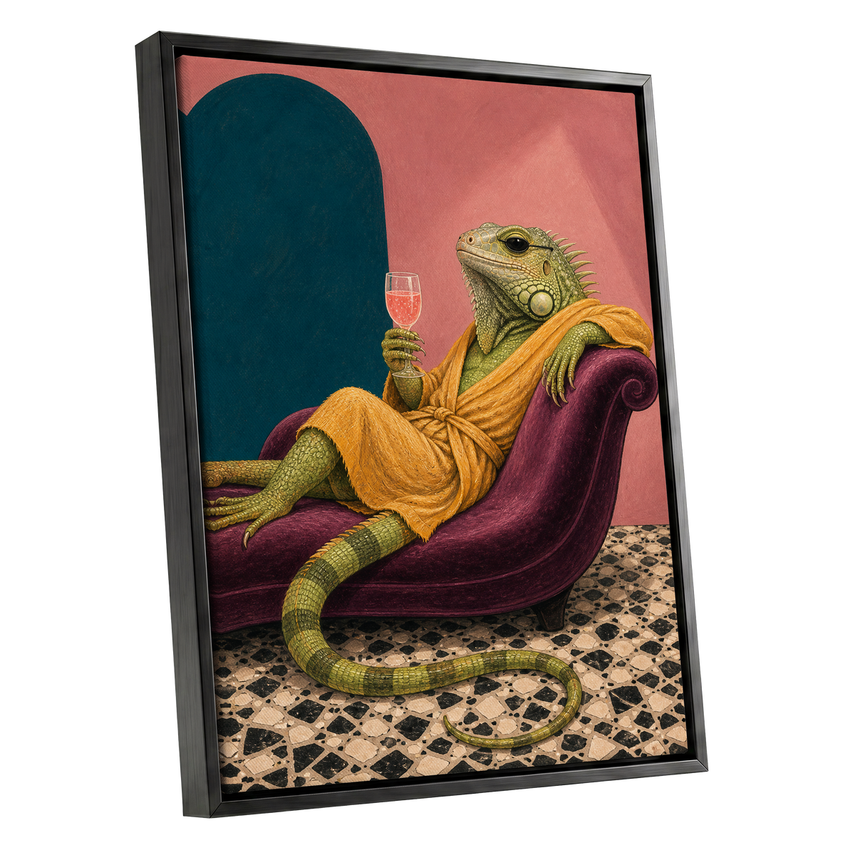 The Leisurely Iguana, green, gold, pink abstract wall art shown as a black framed canvas wall art