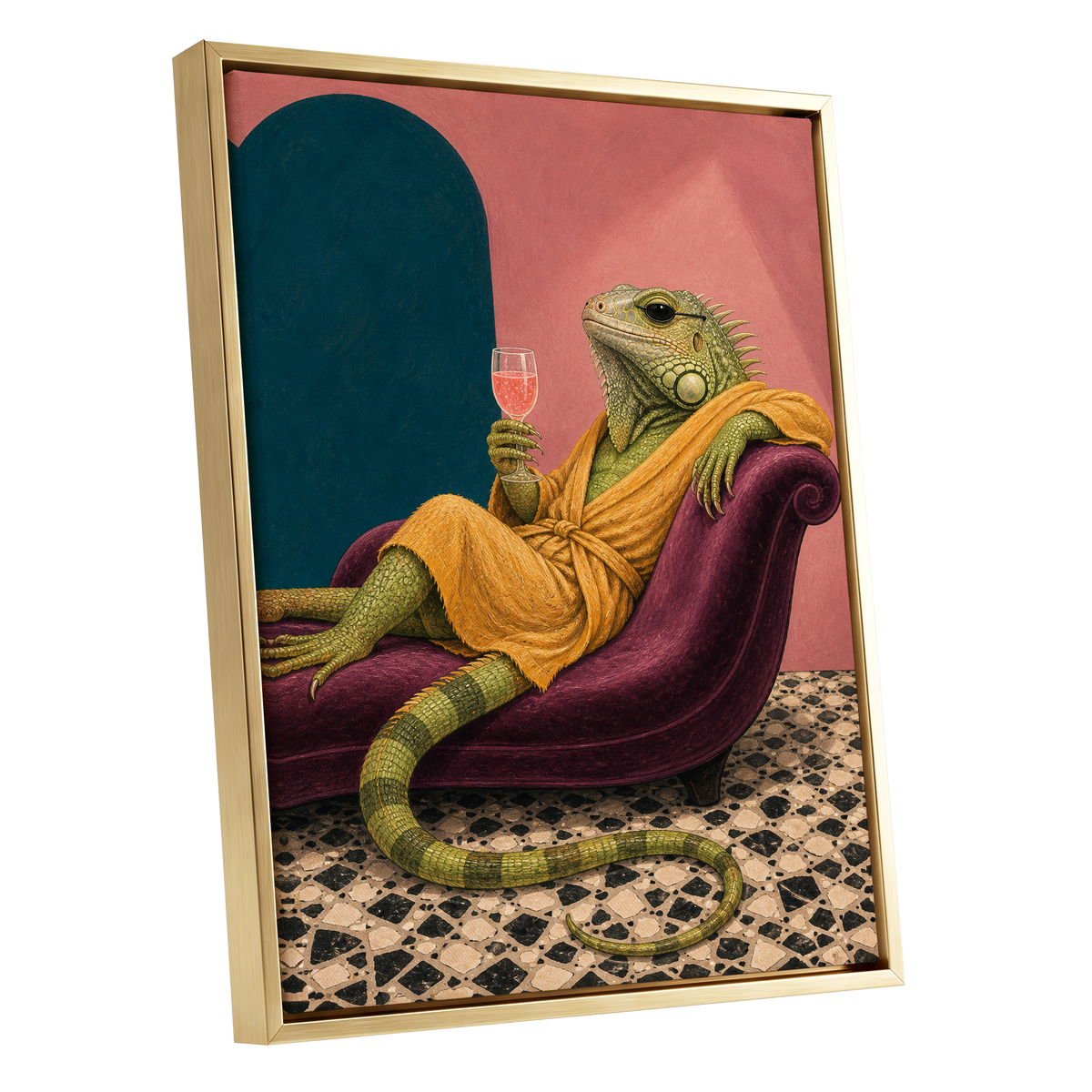 The Leisurely Iguana, green, gold, pink abstract wall art shown as a gold framed canvas wall art