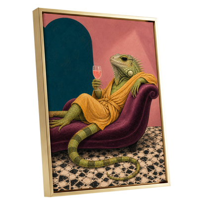 The Leisurely Iguana, green, gold, pink abstract wall art shown as a gold framed canvas wall art