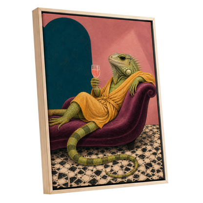 The Leisurely Iguana, green, gold, pink abstract wall art shown as a oak framed canvas wall art