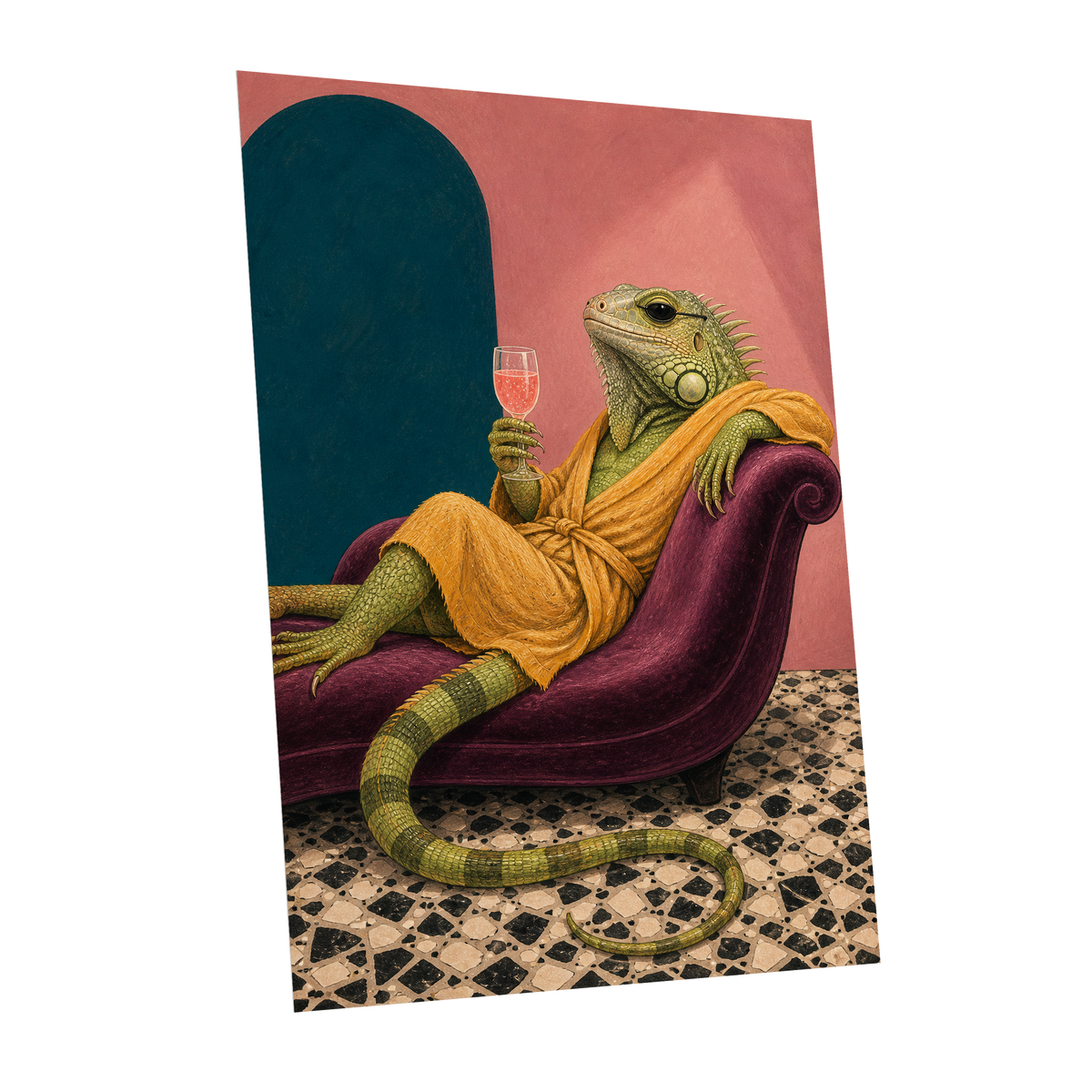 The Leisurely Iguana, green, gold, pink abstract wall art shown as a unframed poster wall art print