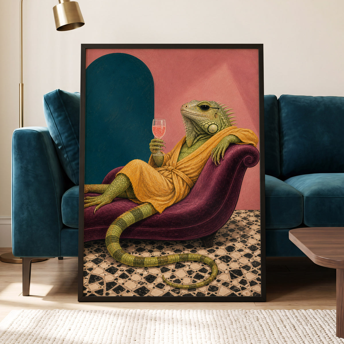 The Leisurely Iguana, green, gold, pink abstract wall art displayed in a styled interior, gallery view 2