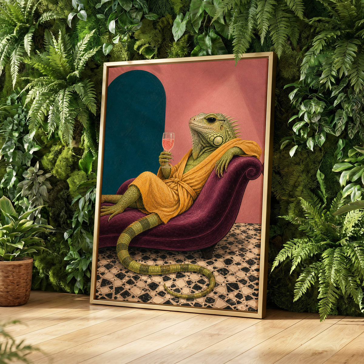 The Leisurely Iguana, green, gold, pink abstract wall art displayed in a styled interior, gallery view 4