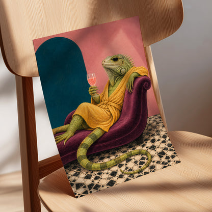 The Leisurely Iguana, green, gold, pink abstract wall art displayed in a styled interior, gallery view 5