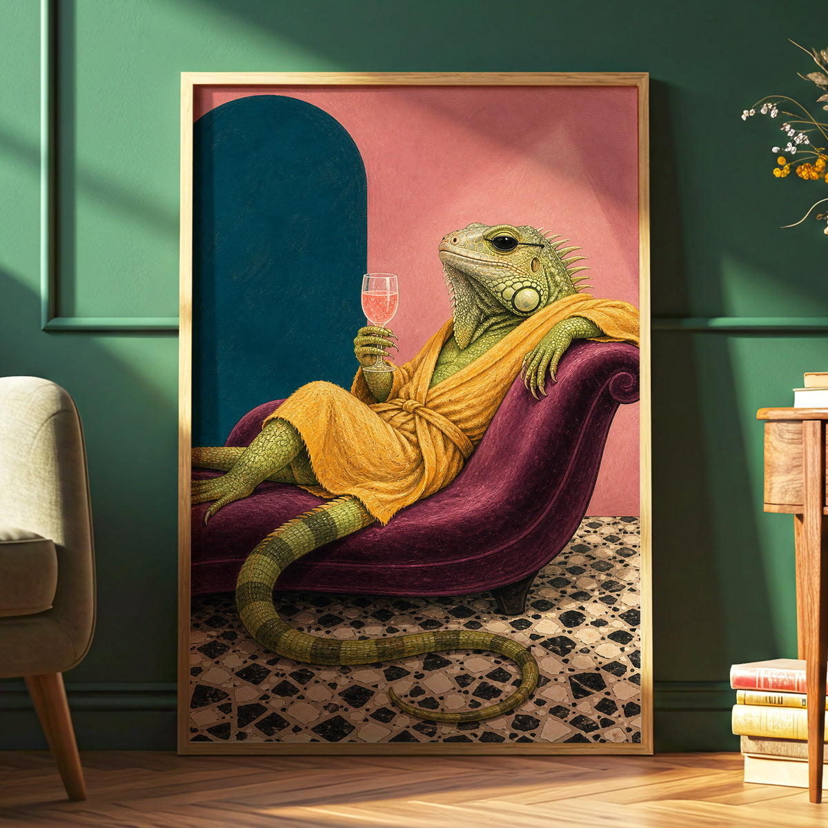 The Leisurely Iguana, green, gold, pink abstract wall art displayed in a styled interior, gallery view 6