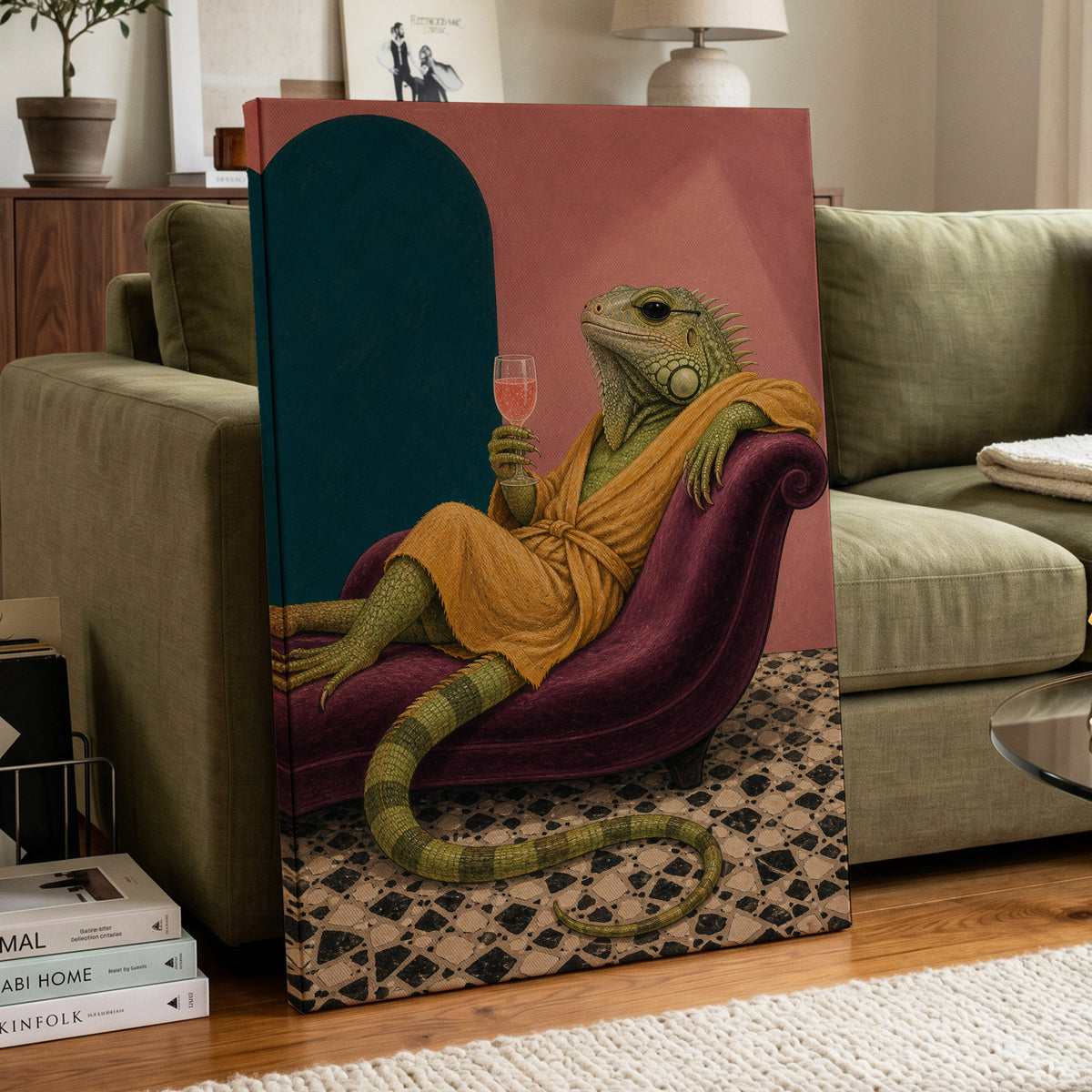 The Leisurely Iguana, green, gold, pink abstract wall art displayed in a styled interior, gallery view 7